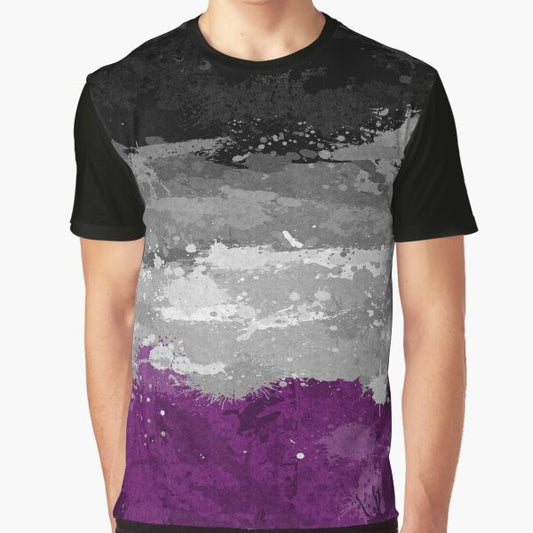 Asexual pride flag design with abstract paint splatter pattern on a graphic t-shirt