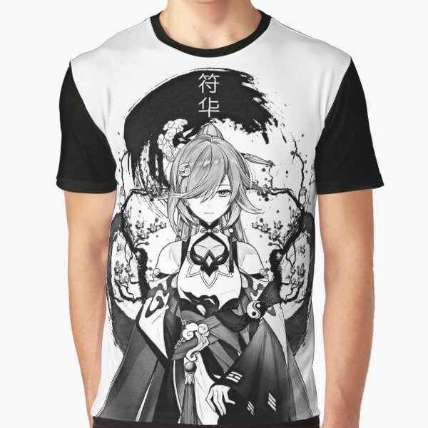 Anime-inspired fantasy graphic t-shirt featuring Honkai Impact and Genshin Impact inspired designs with pencil sketches, ink splatters, and monochrome elements.