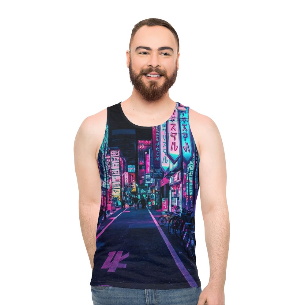 Futuristic neon unisex tank top with Japanese streetwear design - men