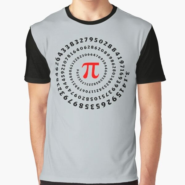 Spiral pi symbol graphic on black t-shirt, featuring mathematics, science, and irrational number design.