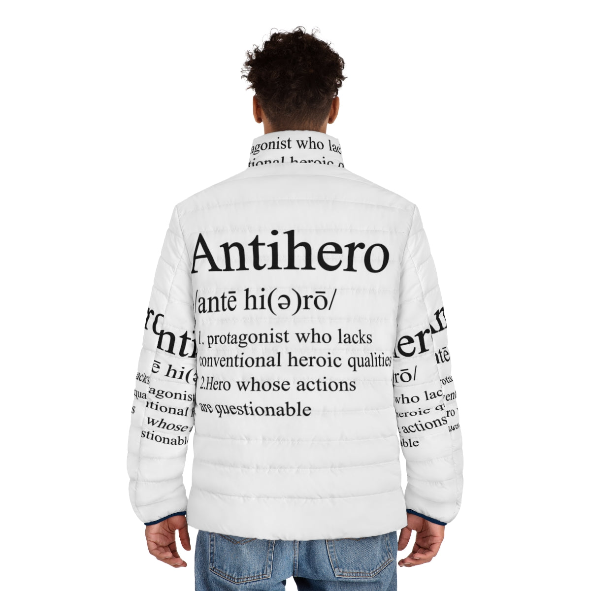 Antihero definition superhero puffer jacket with comic book inspired typography - men back