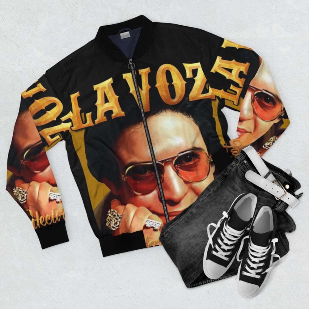 Hector Lavoe Puerto Rican Bomber Jacket with "La Voz" Text - Flat lay