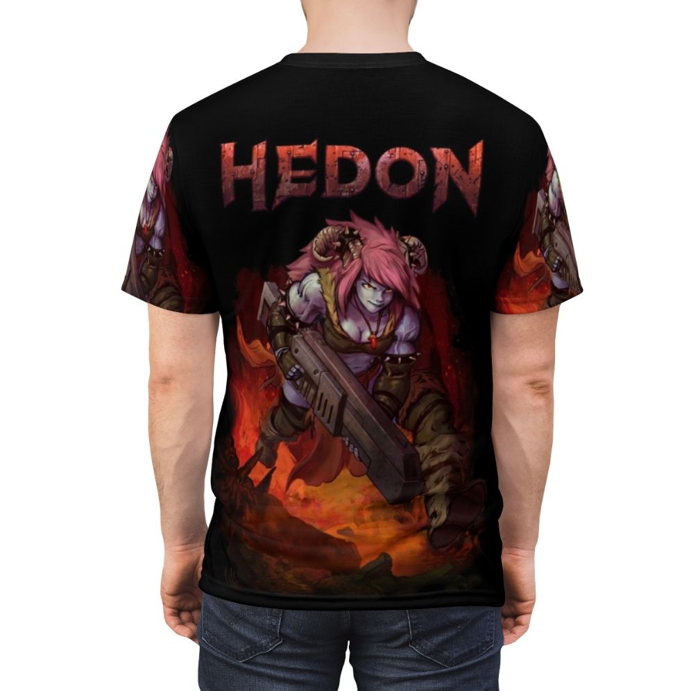 Hedon-inspired fantasy video game character splash art design on an all-over print t-shirt - men back