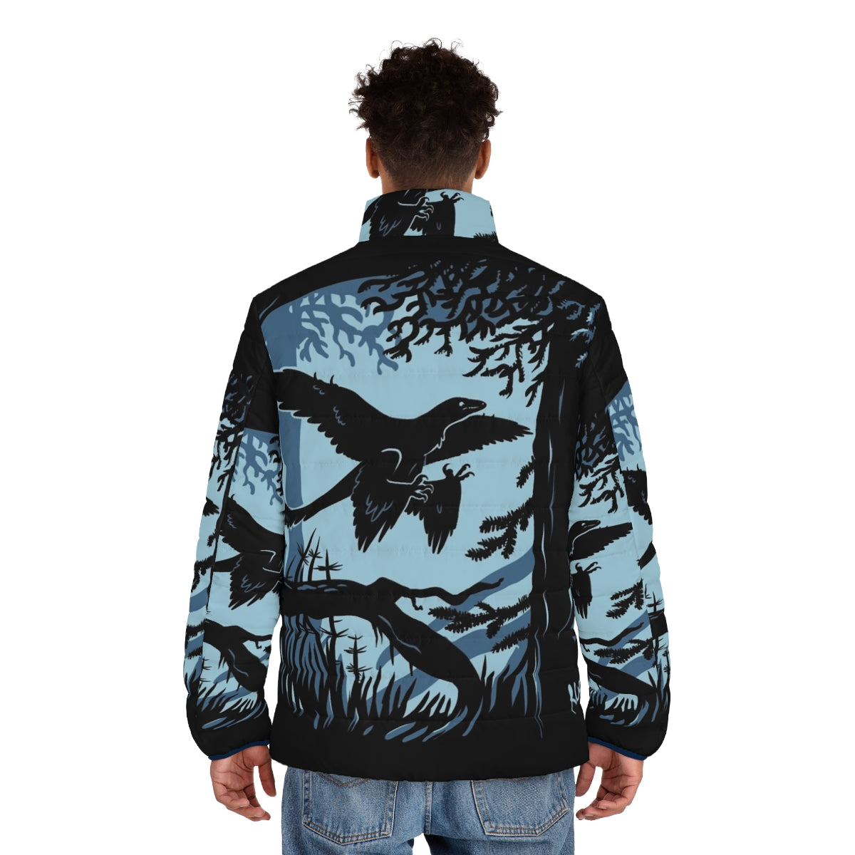 Frosty Microraptor Feathered Dinosaur Puffer Jacket with Focus Keyword Microraptor - men back