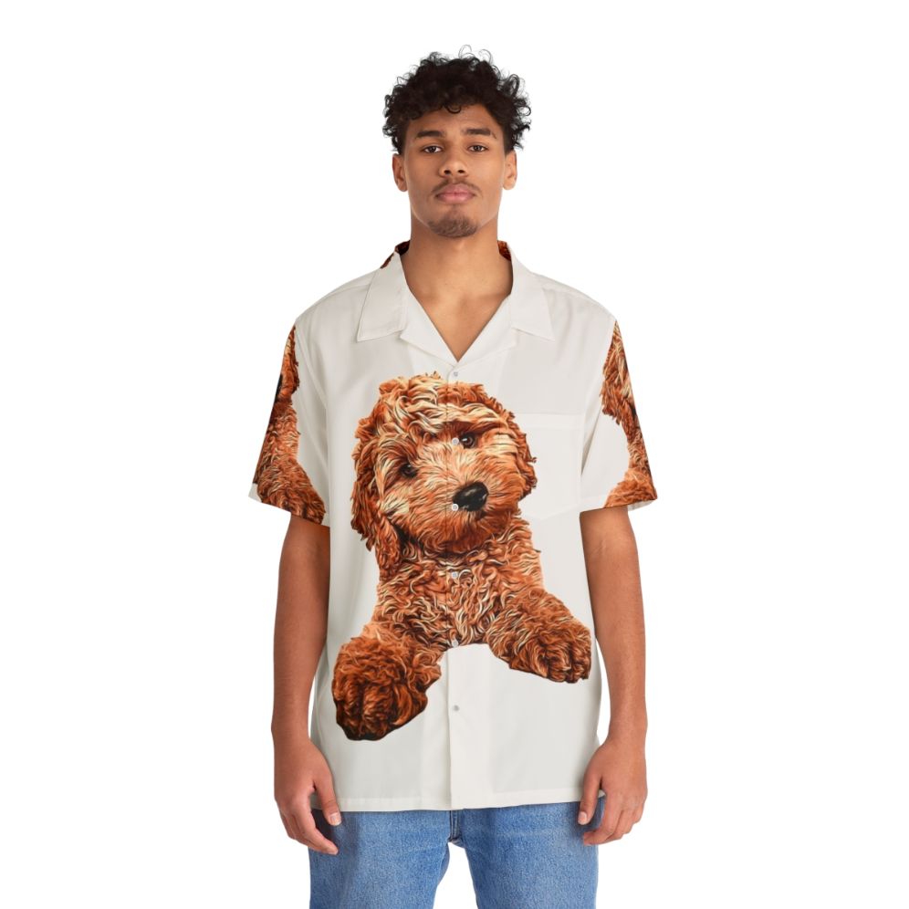 Cavapoo Labradoodle Goldendoodle dog wearing a Hawaiian shirt - People Front