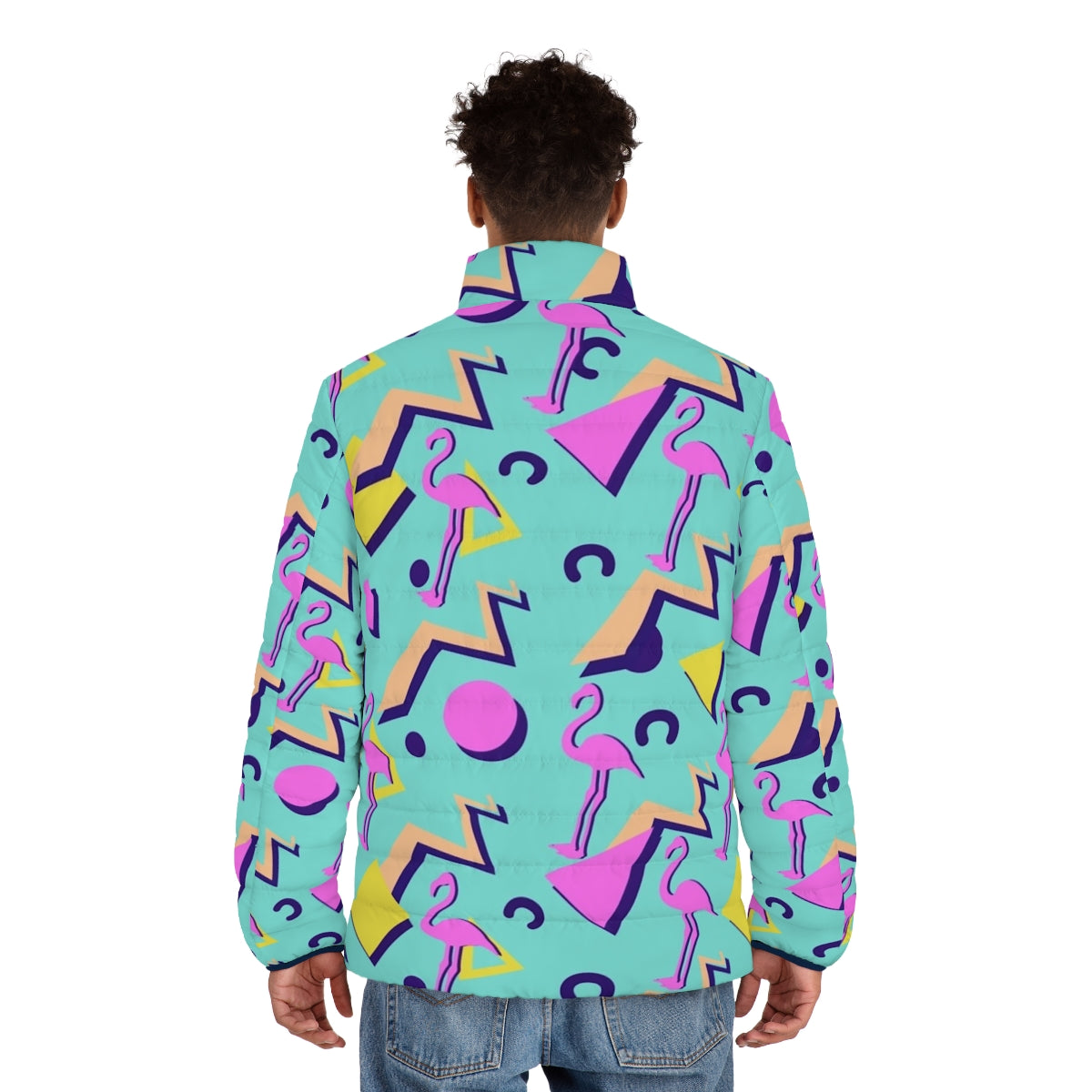 80s Memphis Pattern Puffer Jacket with Retro Pop Art Design - men back