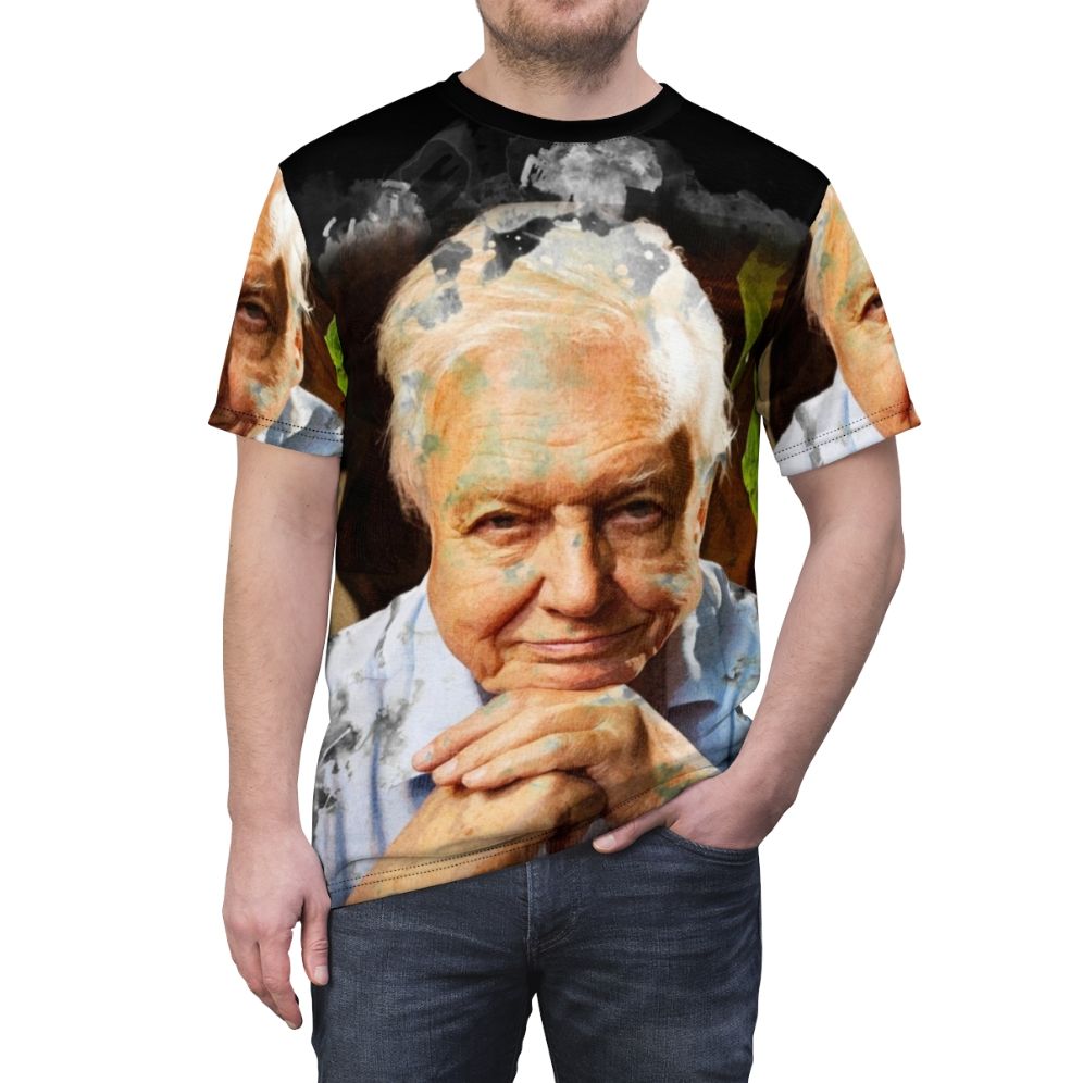 Watercolor portrait of David Attenborough, renowned naturalist and wildlife documentary presenter, on a t-shirt. - men front