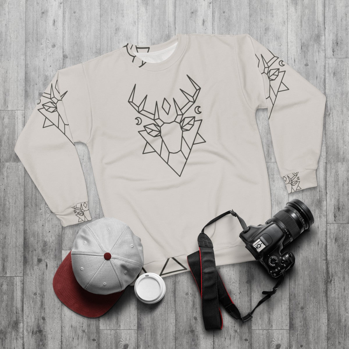 Mystic deer graphic sweatshirt with forest, moon, and stars design - flat lay