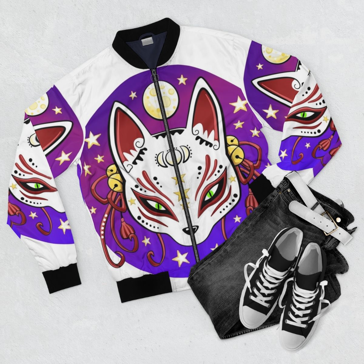 Kitsune-themed bomber jacket with Japanese fox mask, stars, and moon imagery - Flat lay