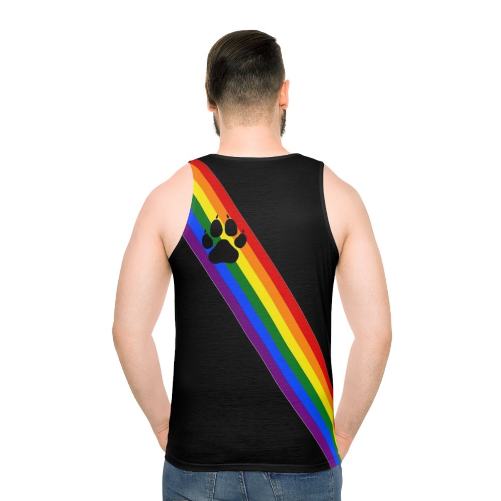 Unisex rainbow pup sash tank top for LGBTQ+ pride - men back