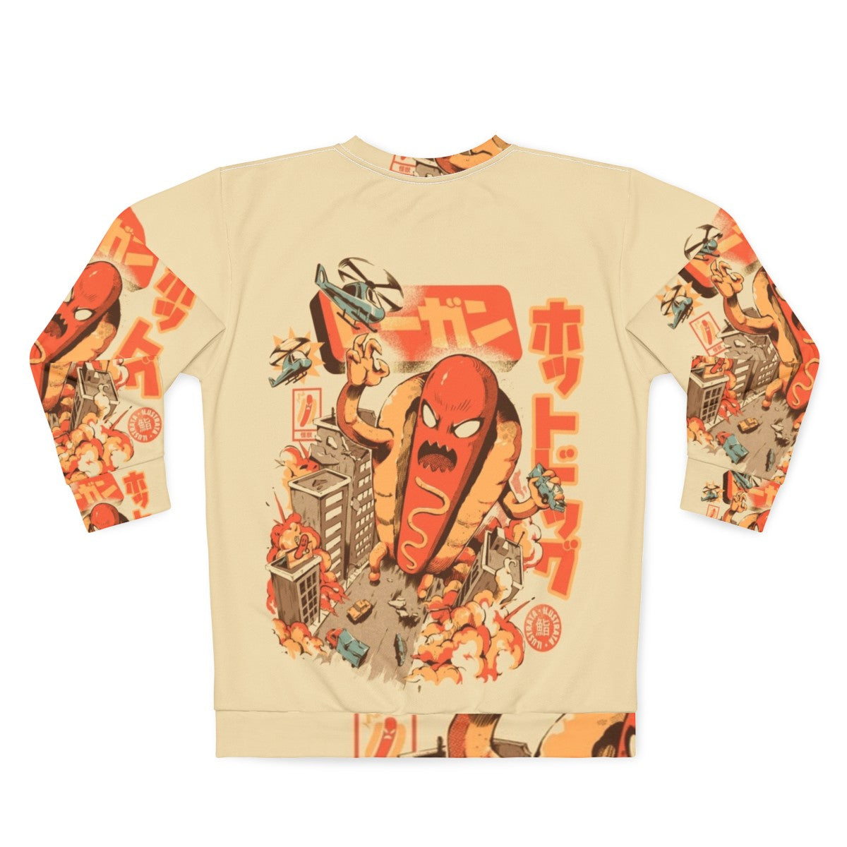 Retro hot dog sweatshirt with Japanese-inspired funny anime monster design - Back