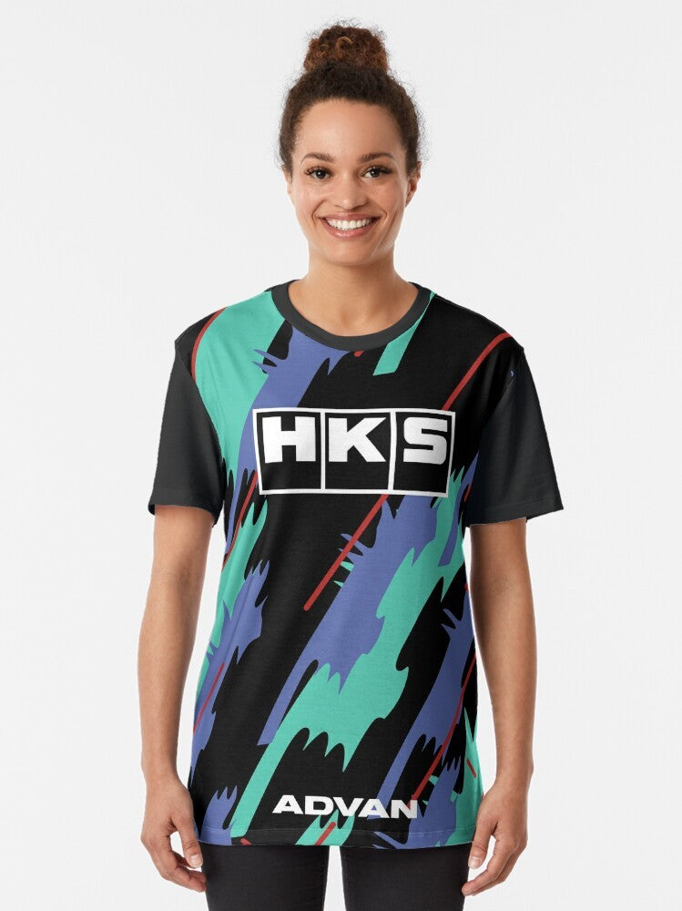 Retro HKS Oil Livery Graphic T-Shirt featuring classic JDM automotive designs - Women