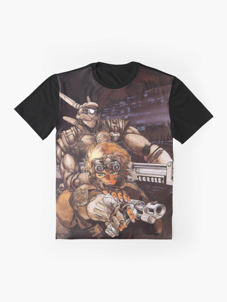 Appleseed Briareos and Deunan mecha-inspired graphic t-shirt for anime enthusiasts - Flat lay