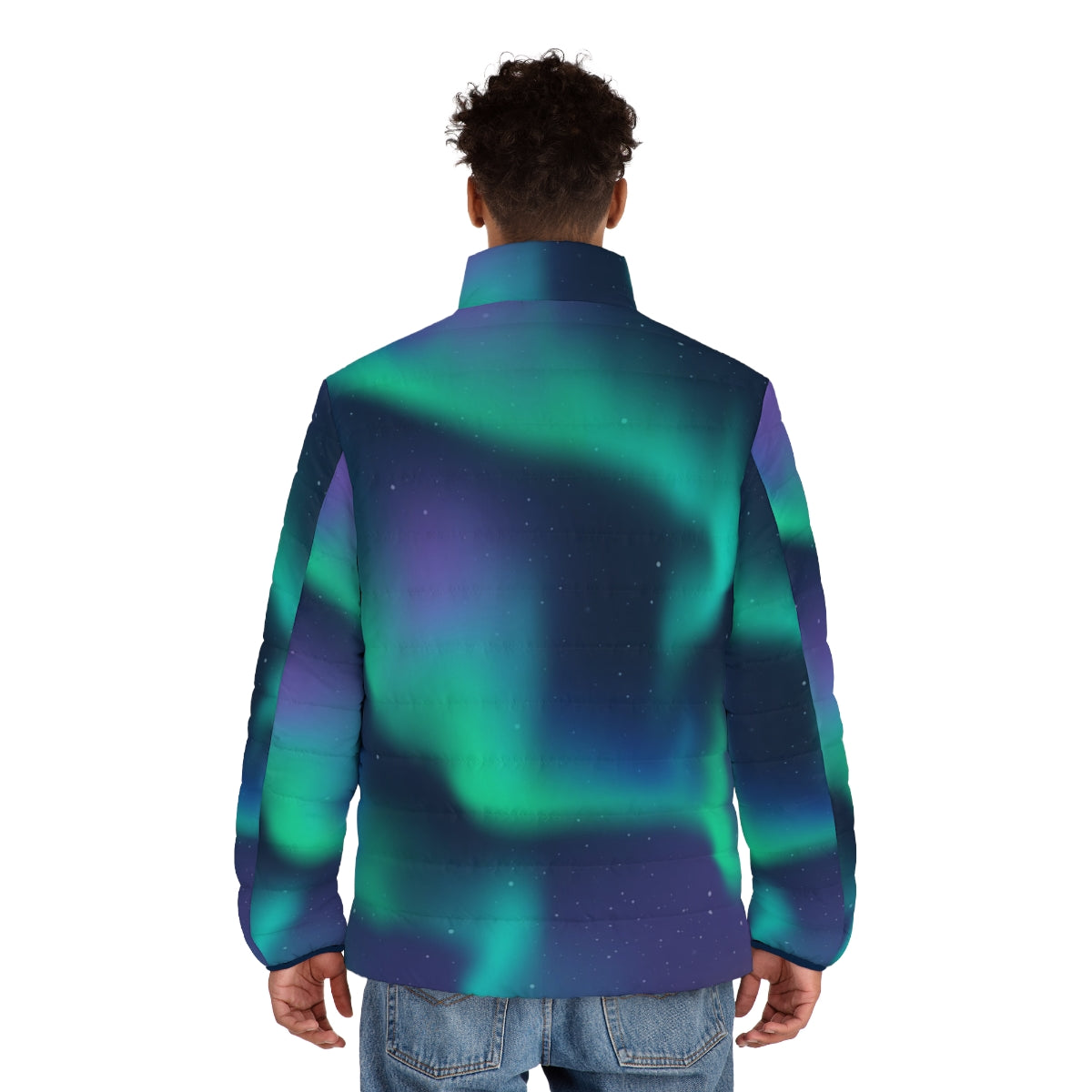 A person wearing a puffer jacket that features the mesmerizing northern lights or aurora borealis in the night sky. - men back