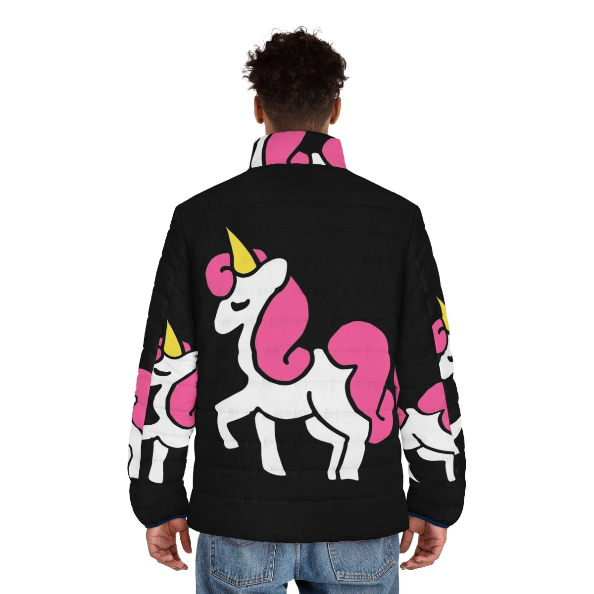 A close-up image of a cute pink unicorn puffer jacket with a whimsical design. - men back