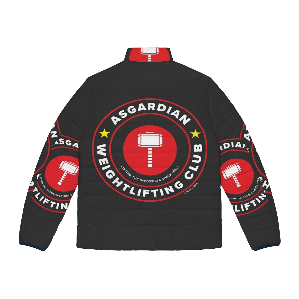 Asgardian Weightlifting Club Superhero Puffer Jacket featuring Marvel and DC inspired design - Back