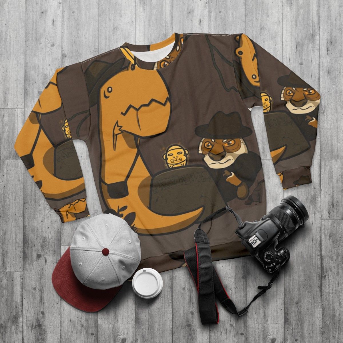 Nervous adventure sweatshirt with dinosaur and tiger in the jungle - flat lay