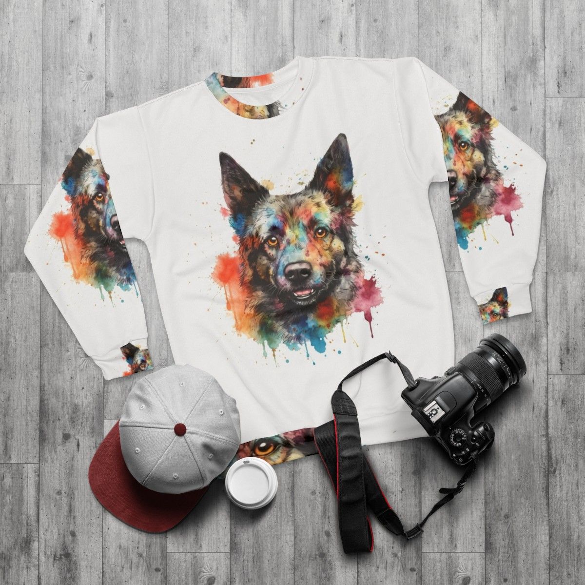 Bright watercolor painting of a Hungarian Mudi dog on a sweatshirt - flat lay