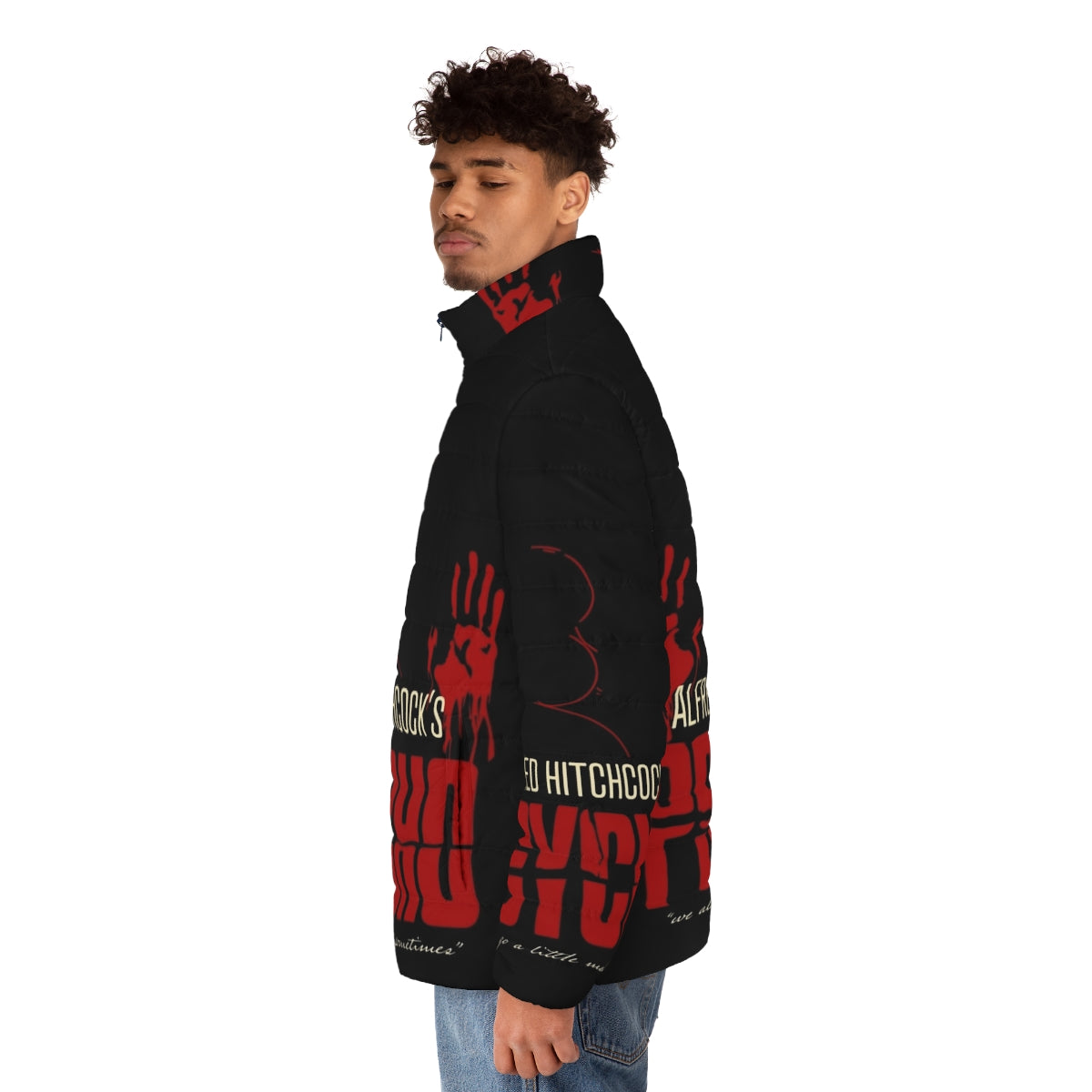 Alfred Hitchcock Psycho Puffer Jacket with birds and red and black color scheme - men side left