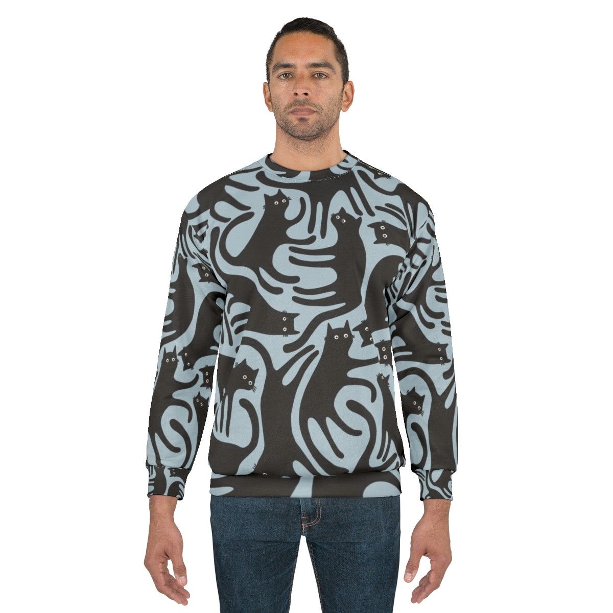 Blue sweatshirt with a modern black cat print design - men