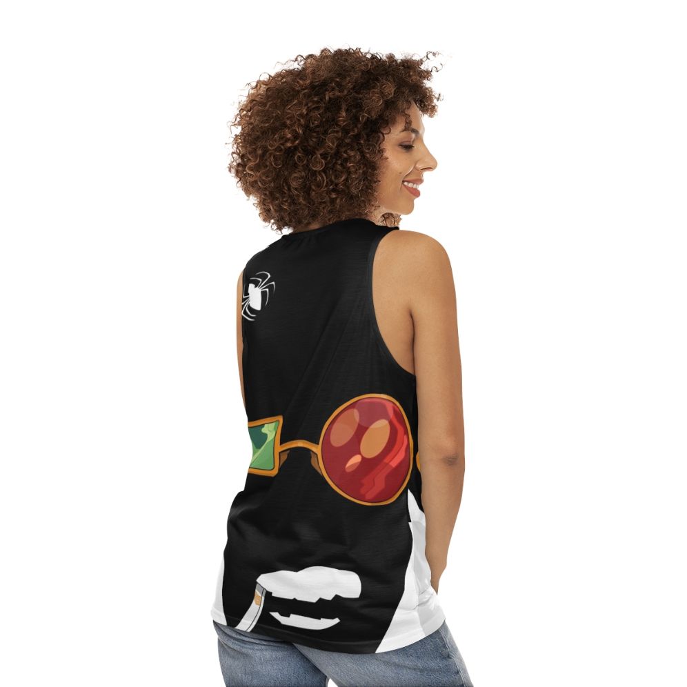 Spiderweb unisex tank top with comic art and smoke design - women back