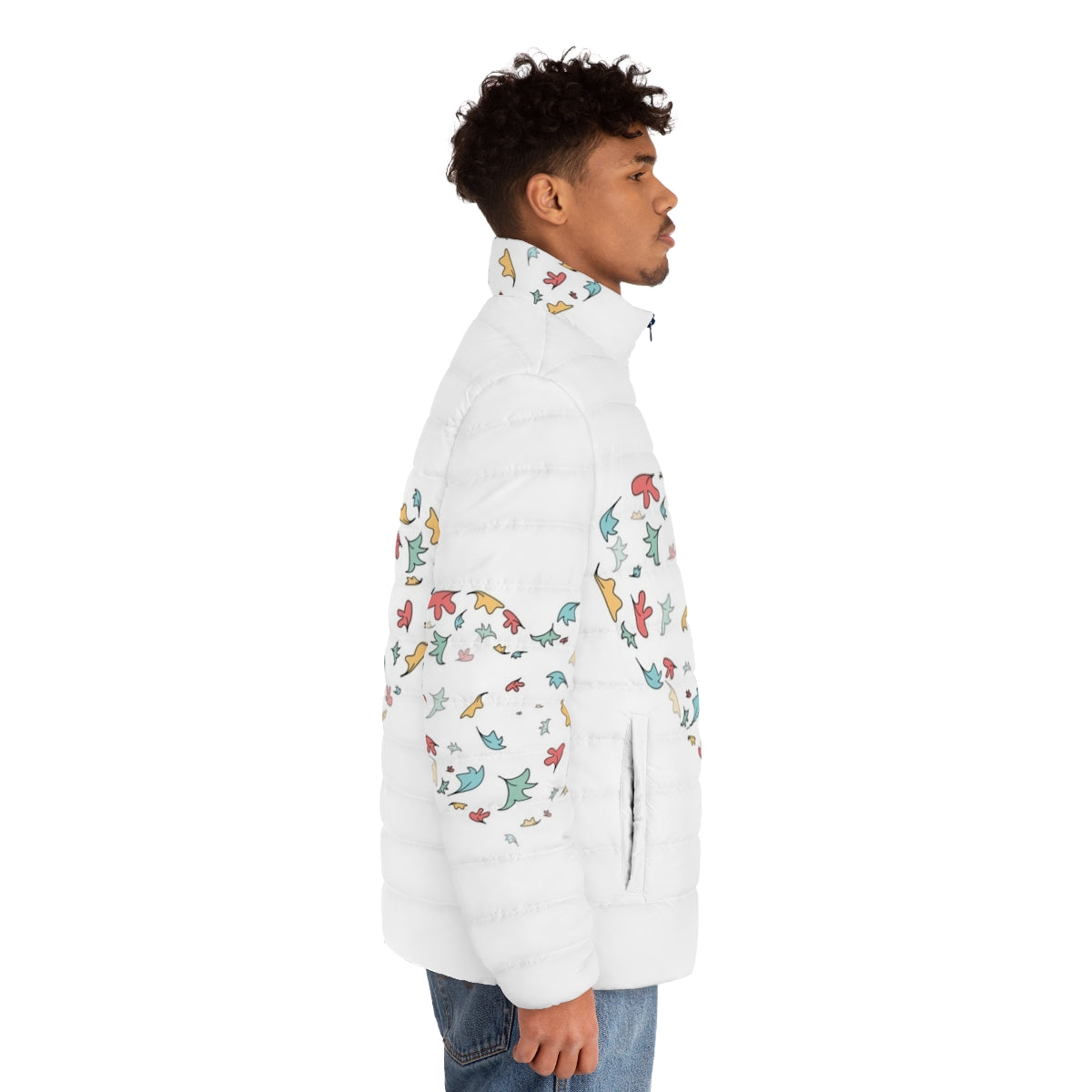 Heartstopper Leaves Puffer Jacket 3, featuring a cozy puffer design inspired by the hit Netflix series. - men side right