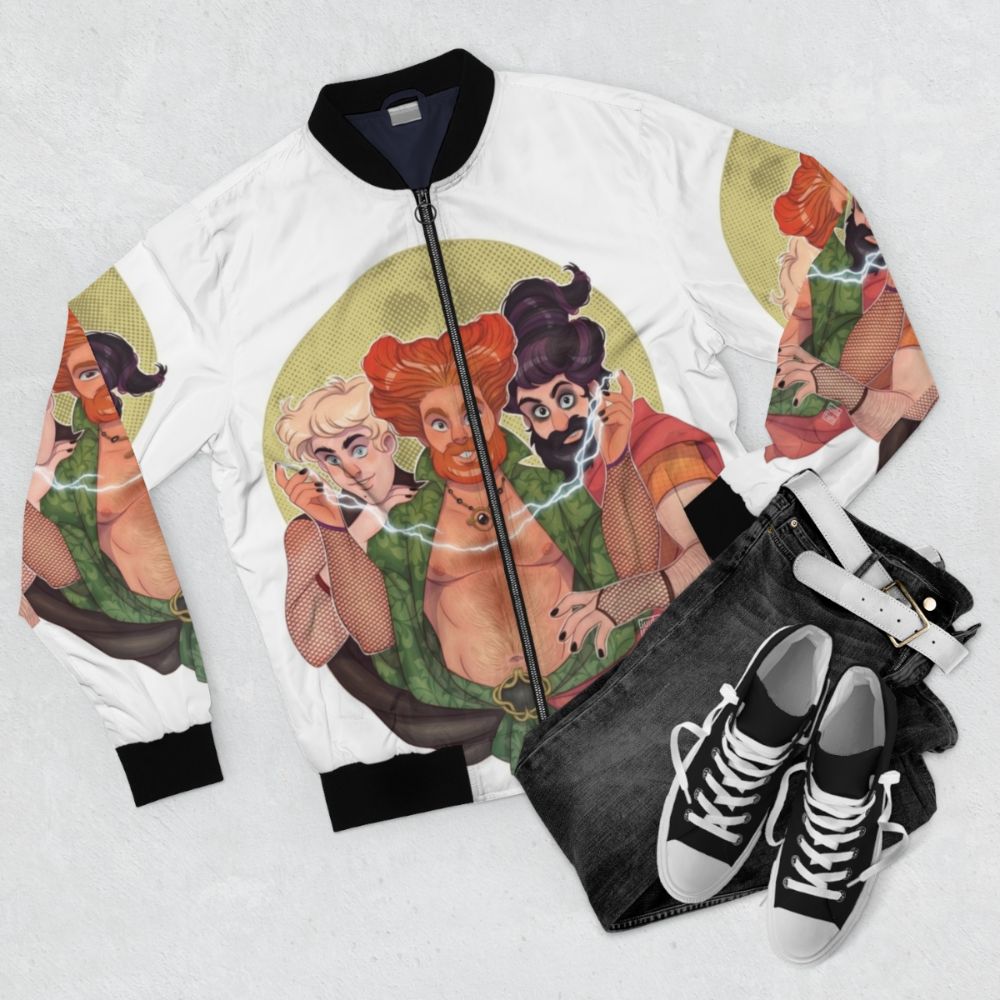 Hocus Pocus-inspired gay bear bomber jacket with muscle men and bearded men illustration - Flat lay