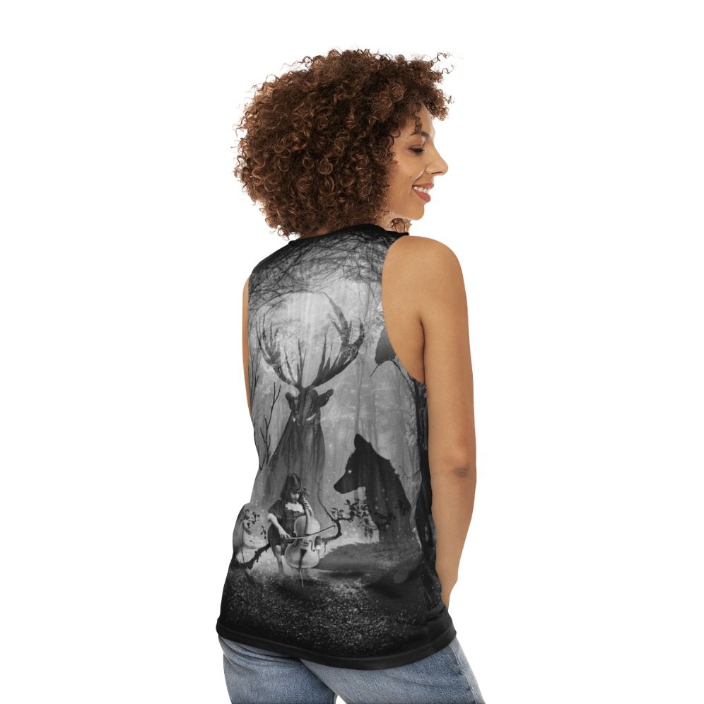 Unisex tank top featuring a forest scene with musical instruments and wild animals - women back