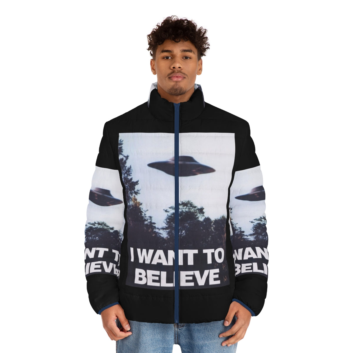 Paranormal-themed X-Files puffer jacket with "I Want to Believe" graphics - men front