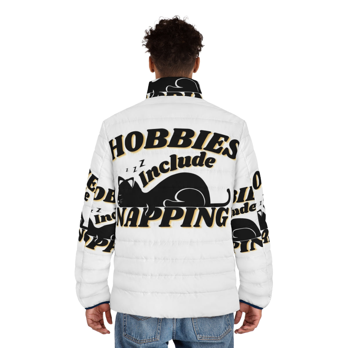 Person wearing a puffer jacket with a "Hobbies Include Napping" design - men back