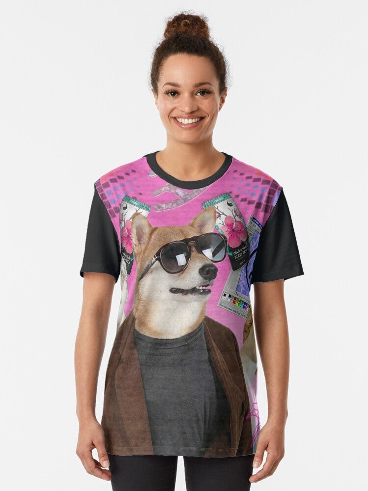 Vaporwave dog graphic design on a t-shirt with a trippy, 90s aesthetic - Women