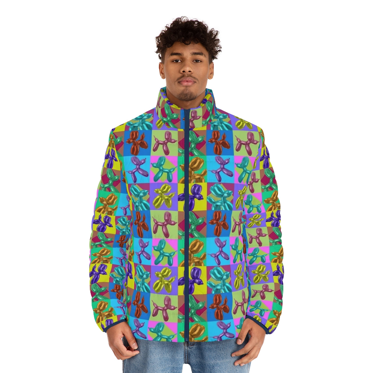 Pop Art Balloon Dogs Puffer Jacket featuring colorful balloon animal designs - men front