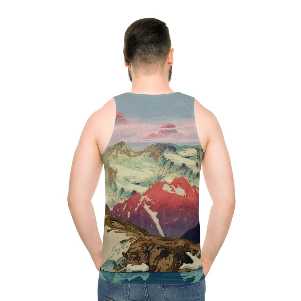 Unisex tank top with a winter landscape inspired by Japanese ukiyo-e art - men back