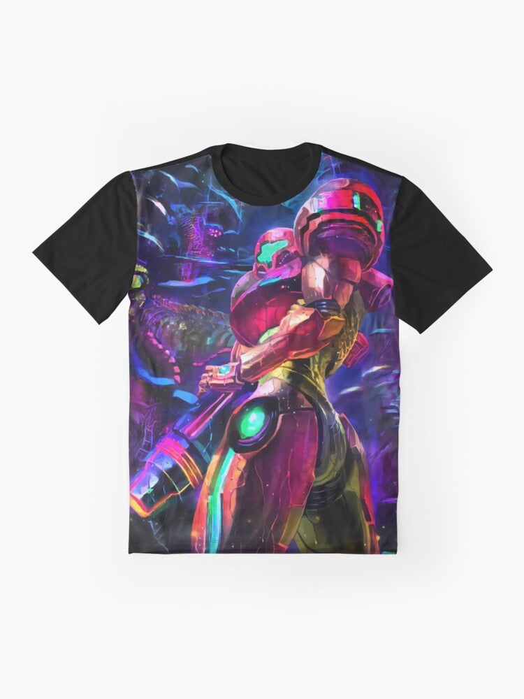 Metroid Samus Aran video game character graphic t-shirt for gamers - Flat lay