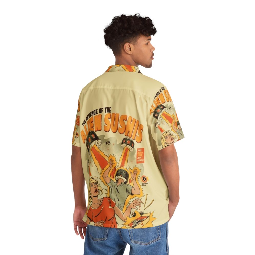 Alien Sushi Hawaiian Shirt with Retro Sci-Fi Design - Flat lay