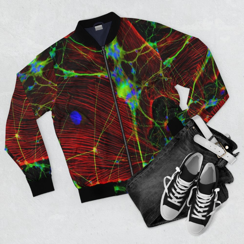 Brain synapse bomber jacket with a unique, trippy design - Flat lay