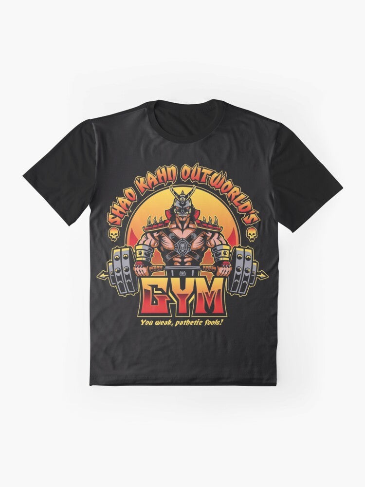 Mortal Kombat Shao Kahn graphic design on a gray t-shirt for fitness and gym enthusiasts. - Flat lay