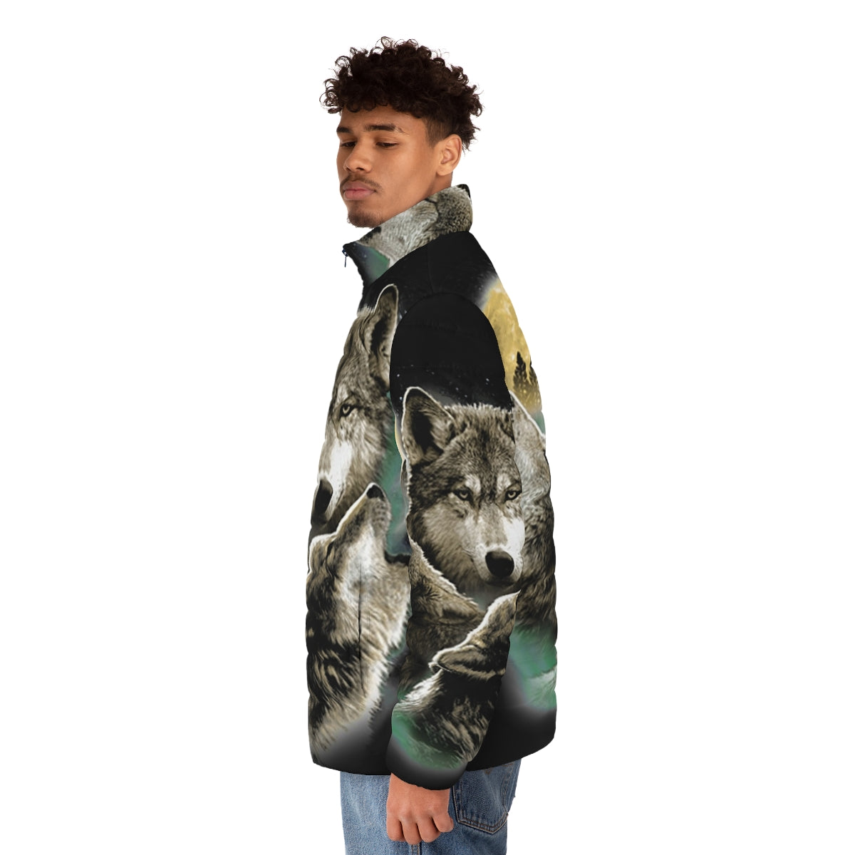 Puffer jacket featuring a night sky scene with three howling wolves against a full moon - men side left