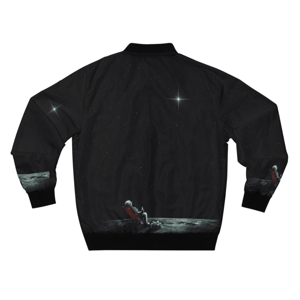 Stylish bomber jacket with a space-themed abstract design featuring stars, planets, and cosmic elements. - Back