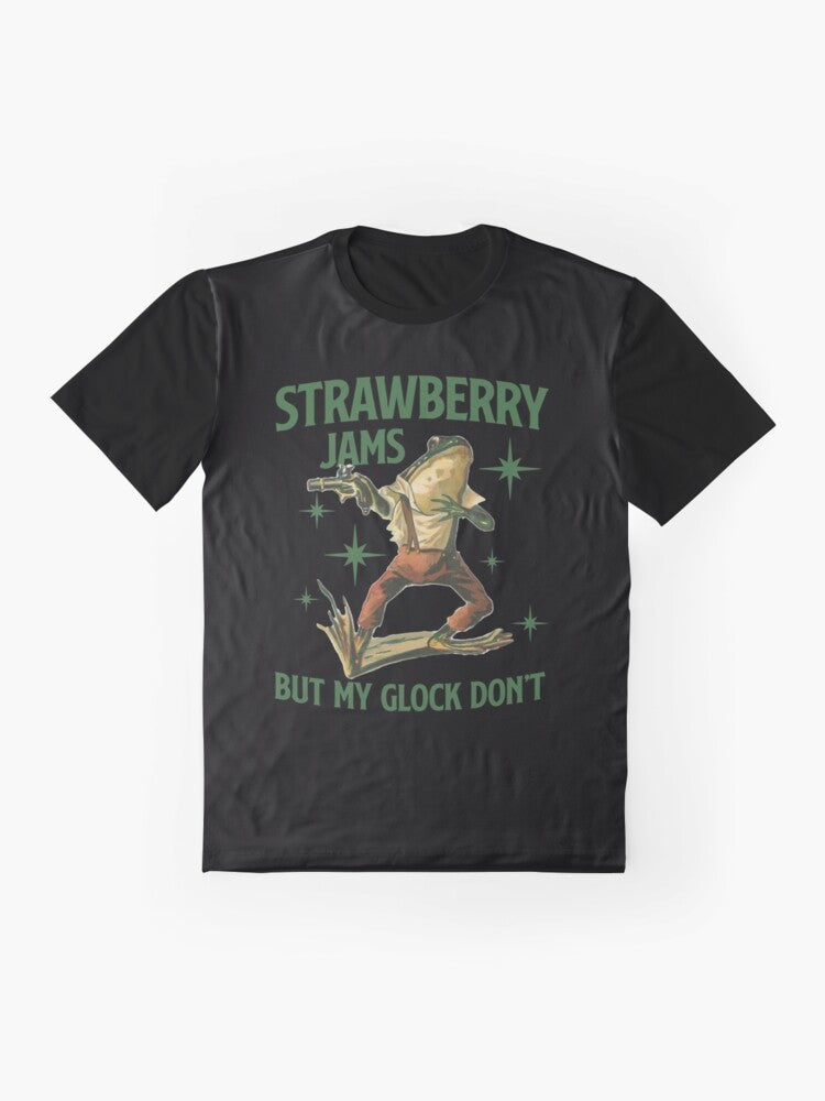 Graphic t-shirt featuring the text "Strawberry Jams But My Glock Don't" on a white background. - Flat lay