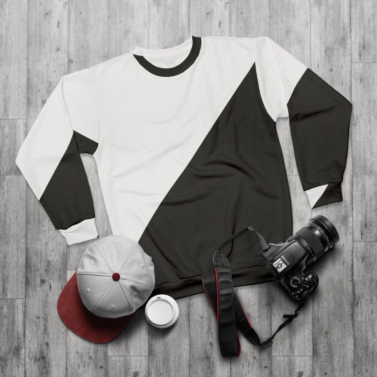 Diagonal Half White and Black Sweatshirt with Modern Geometric Patterns - flat lay