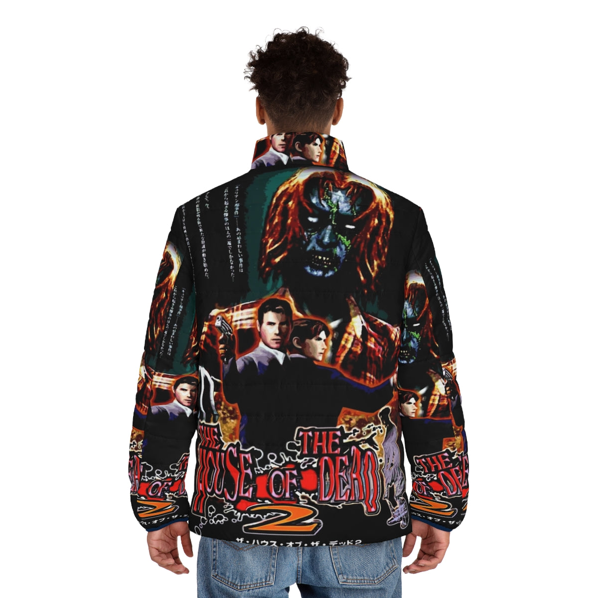 Japanese art-inspired puffer jacket featuring "The House of the Dead 2" Sega Dreamcast video game graphics - men back