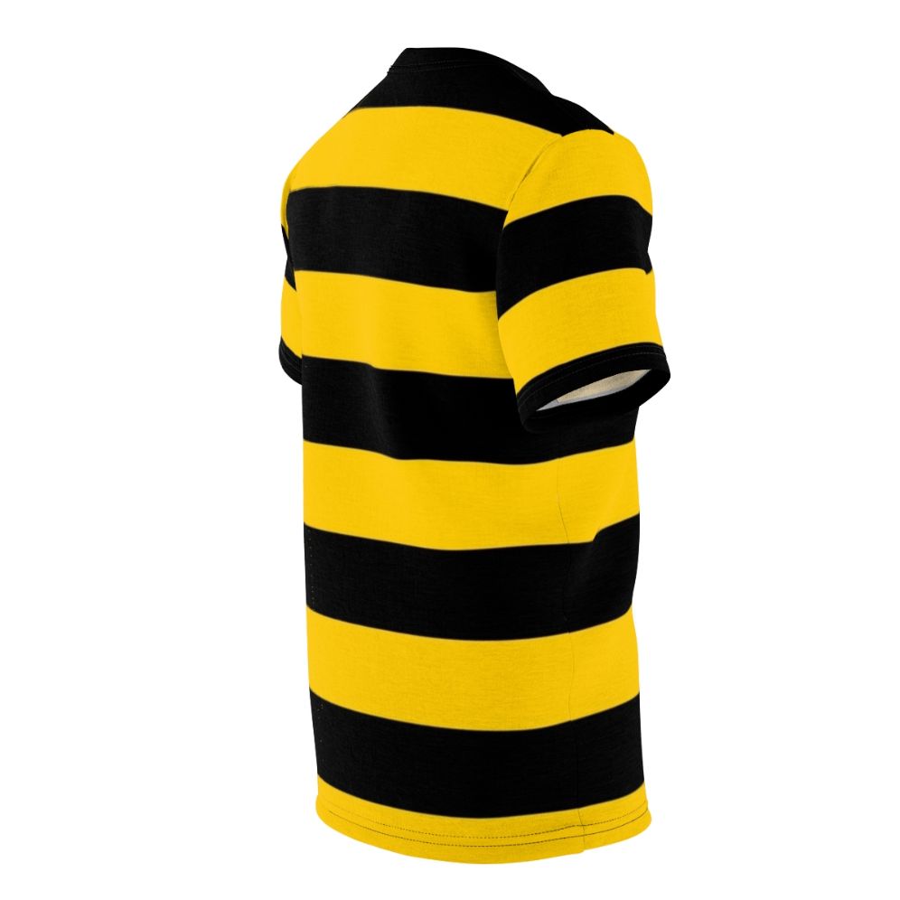 Closeup of a yellow and black striped bee on a t-shirt - men right