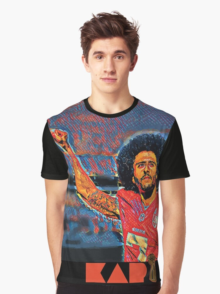 Graphic t-shirt with "Tha Liberator" design, featuring an illustration of Colin Kaepernick kneeling in protest. - Men