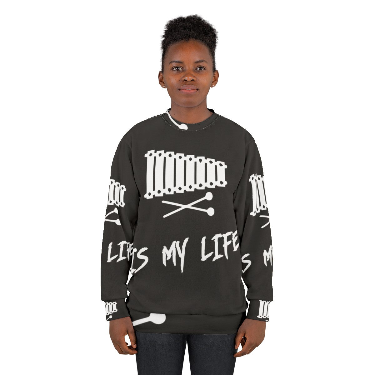 Person wearing a sweatshirt with the text "Xylophone Is My Life" - women