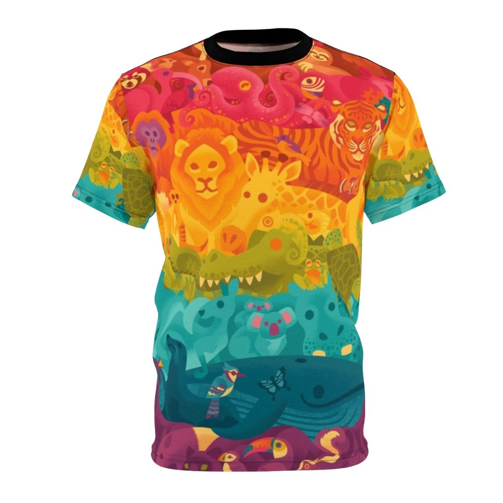 Vibrant all-over animal print design t-shirt featuring a spectrum of cute cartoon wildlife characters.