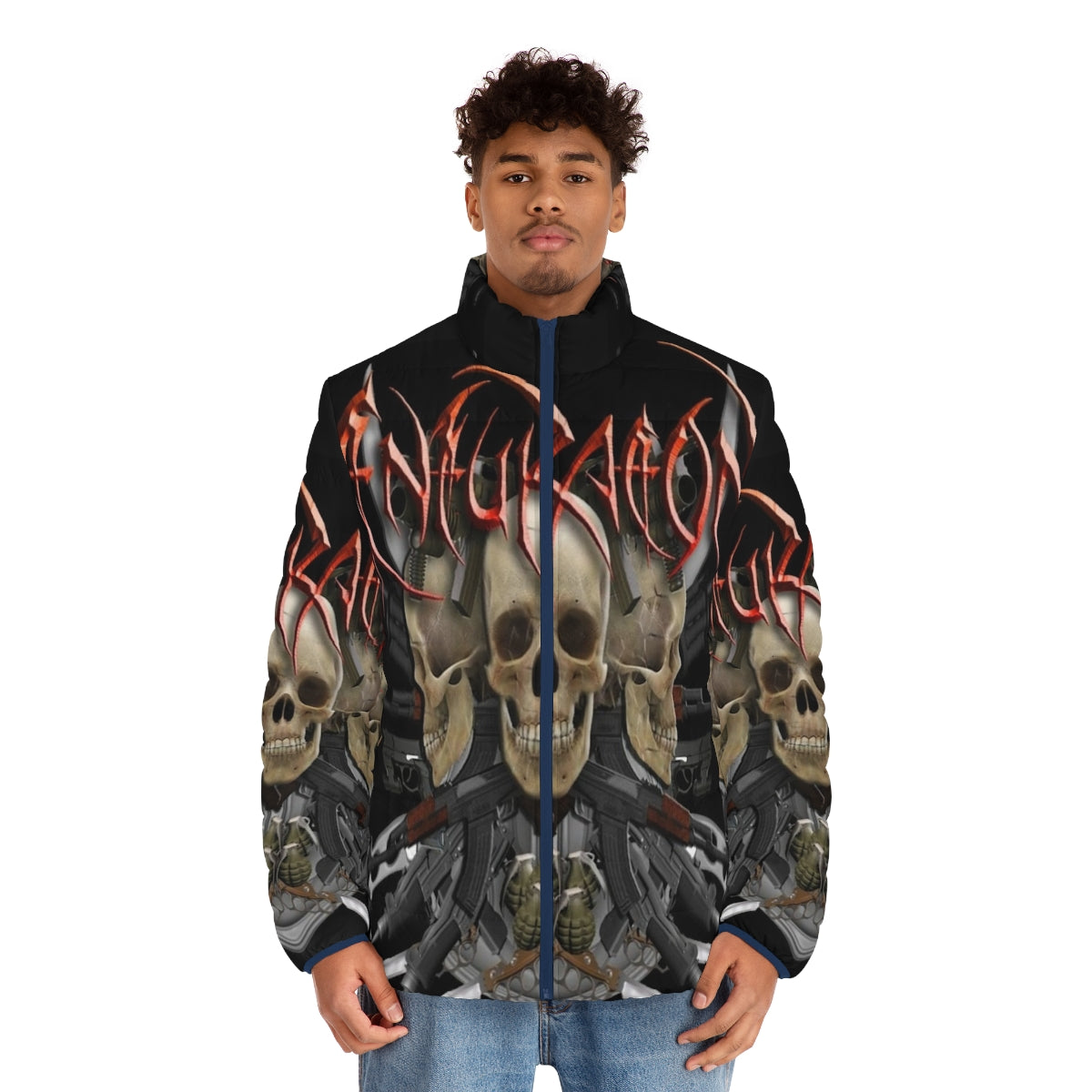 Death metal puffer jacket with band art and skull design - men front