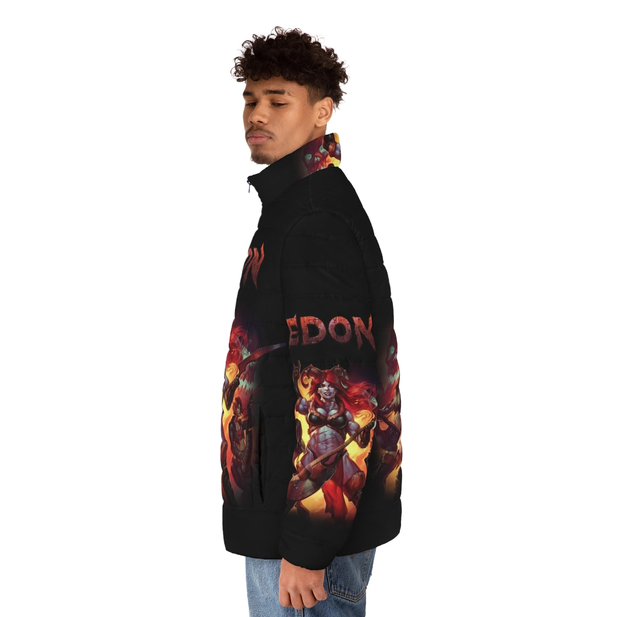 Hedon fantasy puffer jacket featuring retro video game inspired art and design - men side left