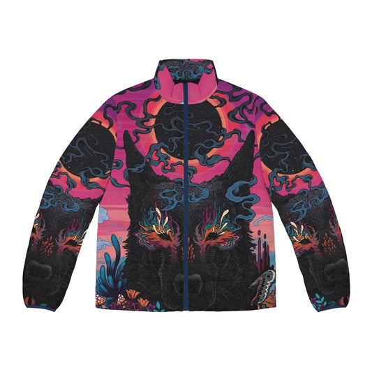 Black and pink psychedelic puffer jacket with dog and floral design