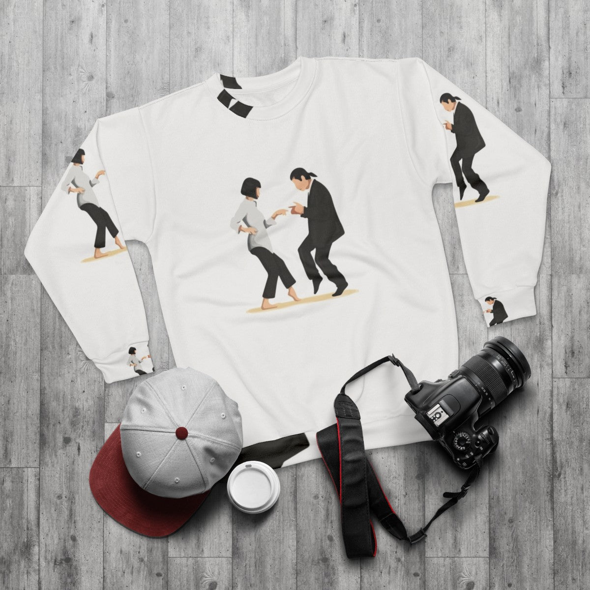 Pulp Fiction movie themed sweatshirt with digital art design - flat lay